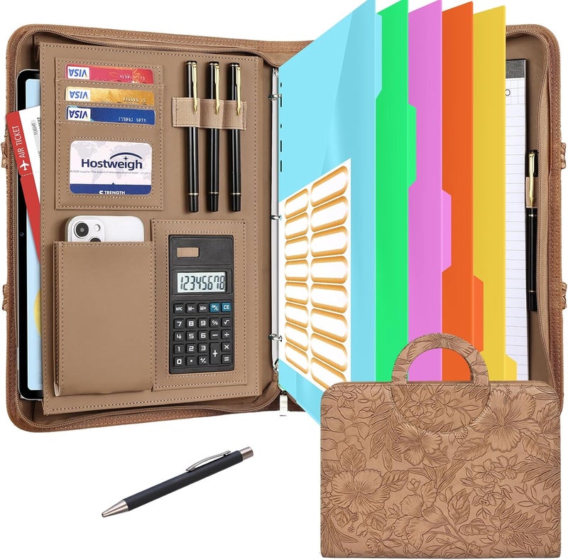 NATISERAUM Portfolio Binder - 3 Ring Binder with Handle, Vegan Leather Business Padfolio Folder with Notepad, Includes 5 Dividers with 10 Pockets for Documents Files - Image 1